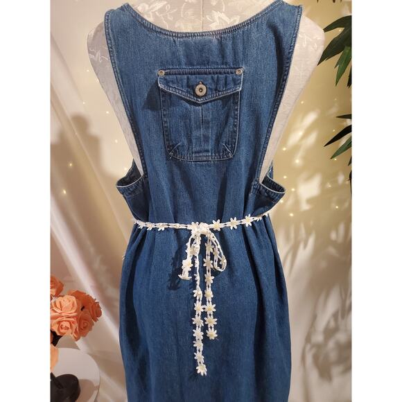 Vtg 90s Bill Blass Denim Daisy Tieback Maxi Overall Dress Size L Cottage Modest - Picture 6 of 10
